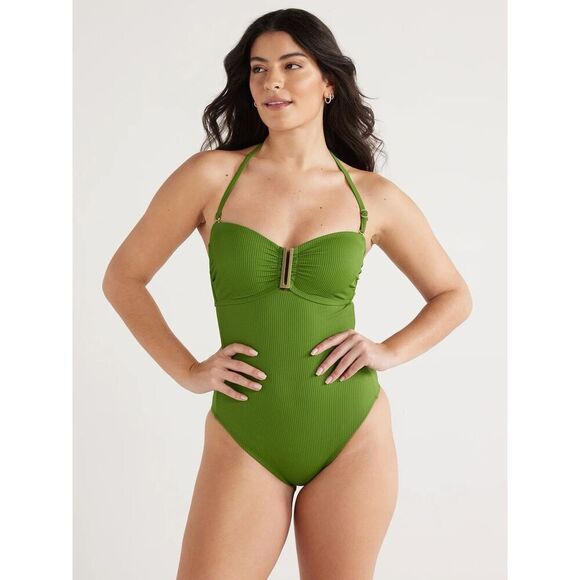 Sofia Vergara Ribbed Nylon One-Piece Swimsuit Green XS Extra Small NWT - Picture 1 of 4